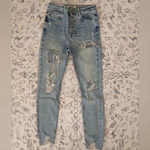 Free People High-Rise Light Blue Distressed Button-Fly Jeans